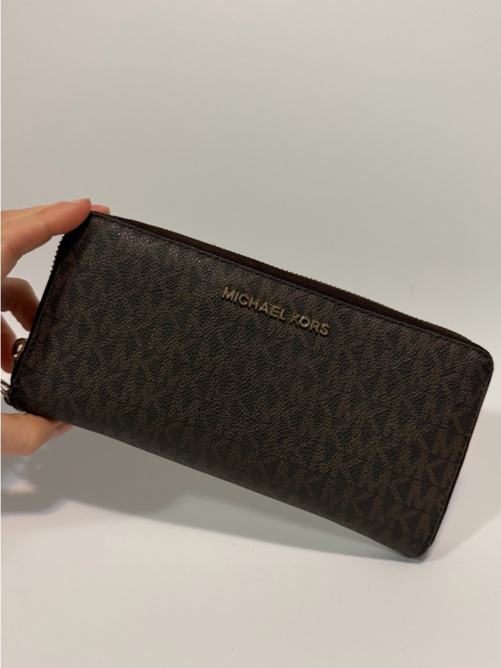Michael Kors Dark Brown Signature Zip Wallet with Gold Logo